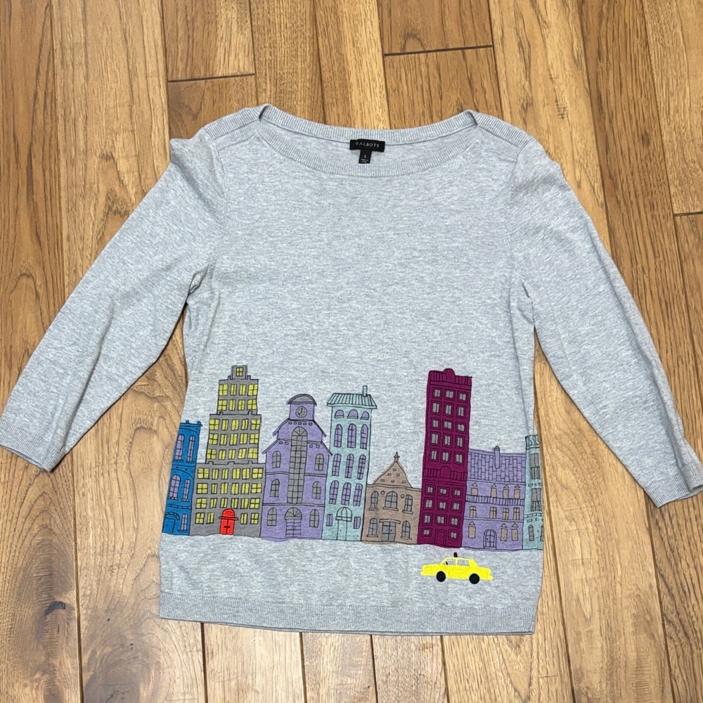 Talbots Gray 3/4 Sleeve Shirt with Colorful Cityscape